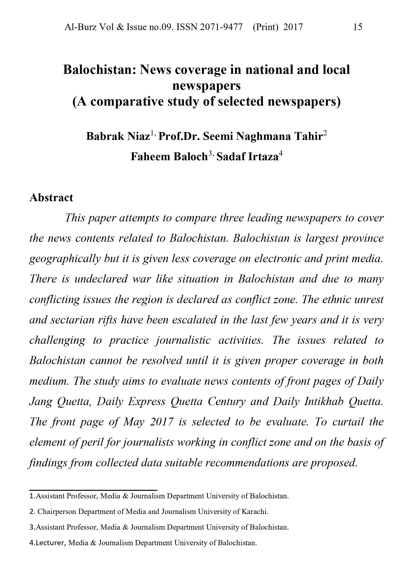 Balochistan: News coverage in national and local newspapers (A comparative study of selected newspapers)