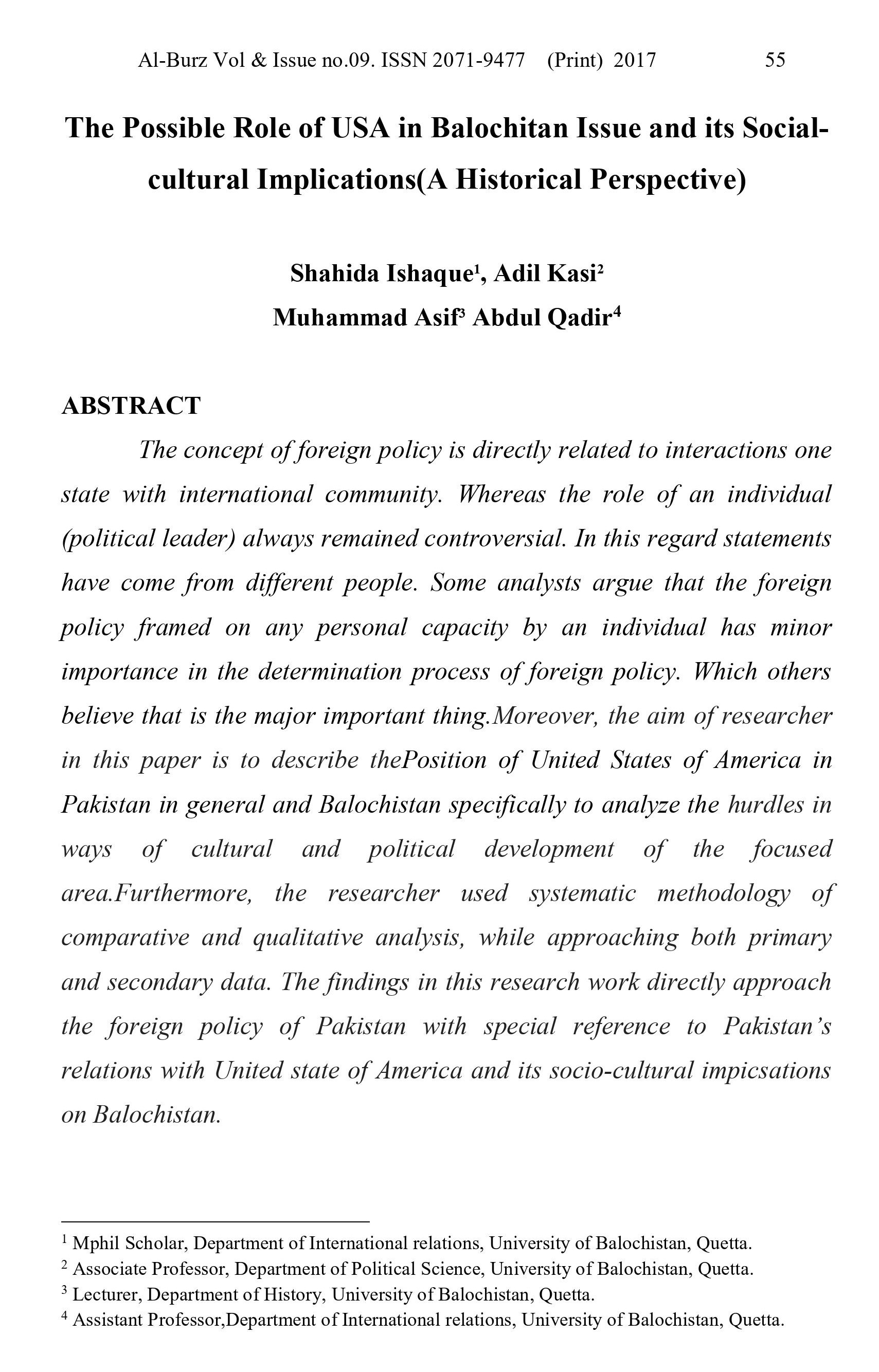 The Possible Role of USA in Balochitan Issue and its Social-cultural Implications(A Historical Perspective)