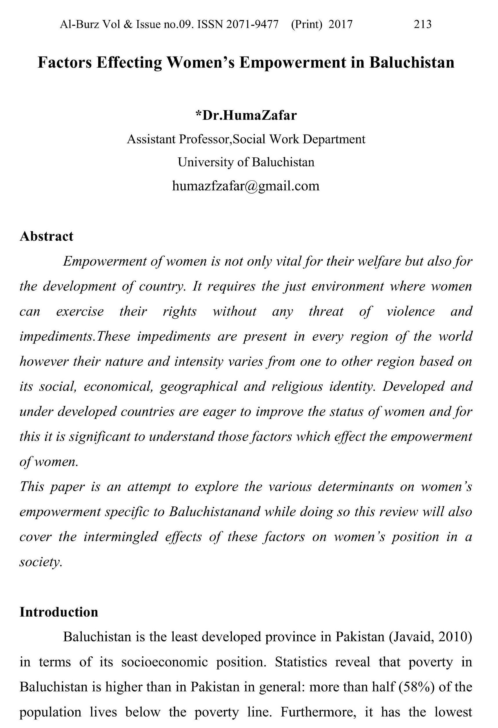 Factors Effecting Women’s Empowerment in Baluchistan