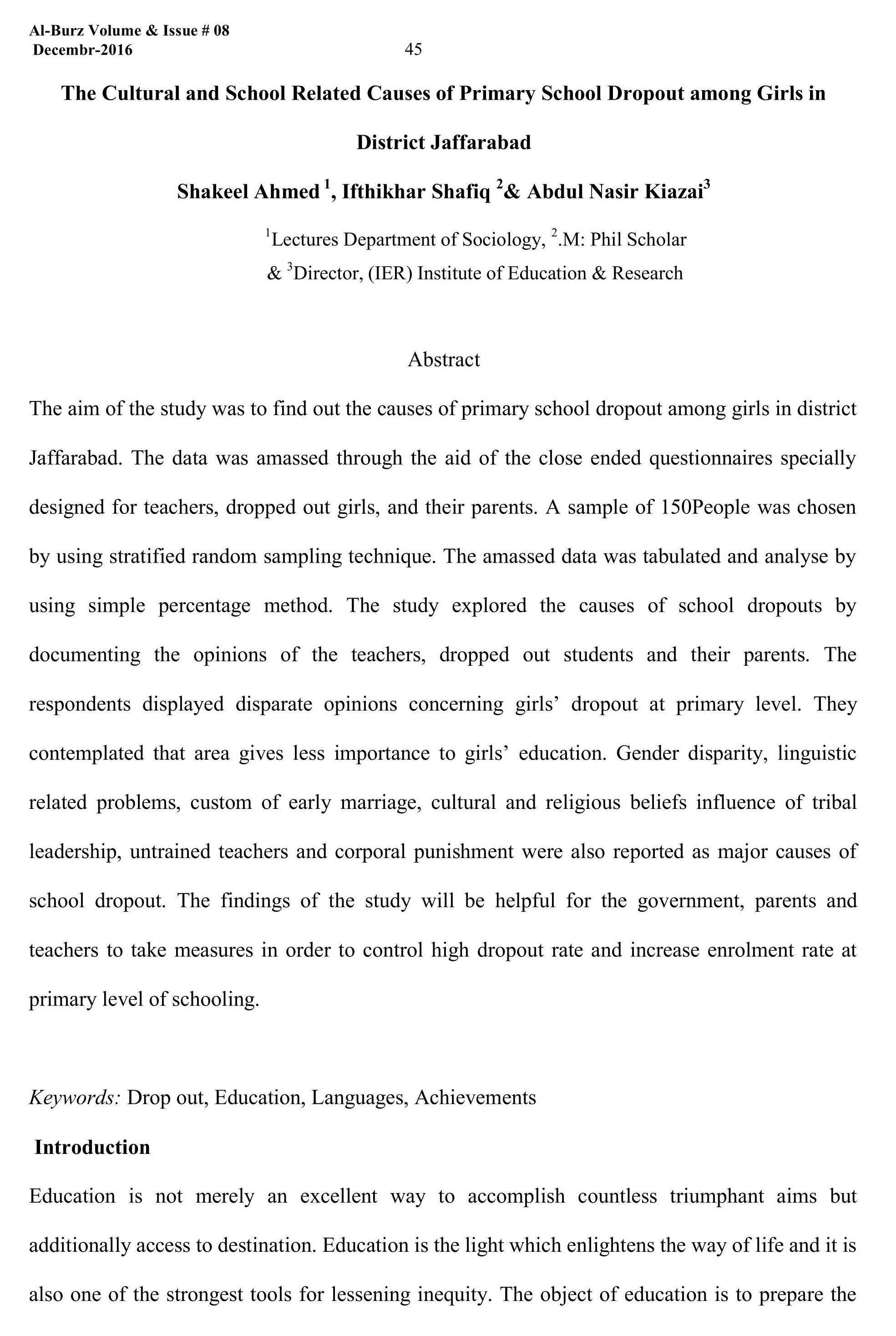 The Cultural and School Related Causes of Primary School Dropout among Girls In District Jaffarabad