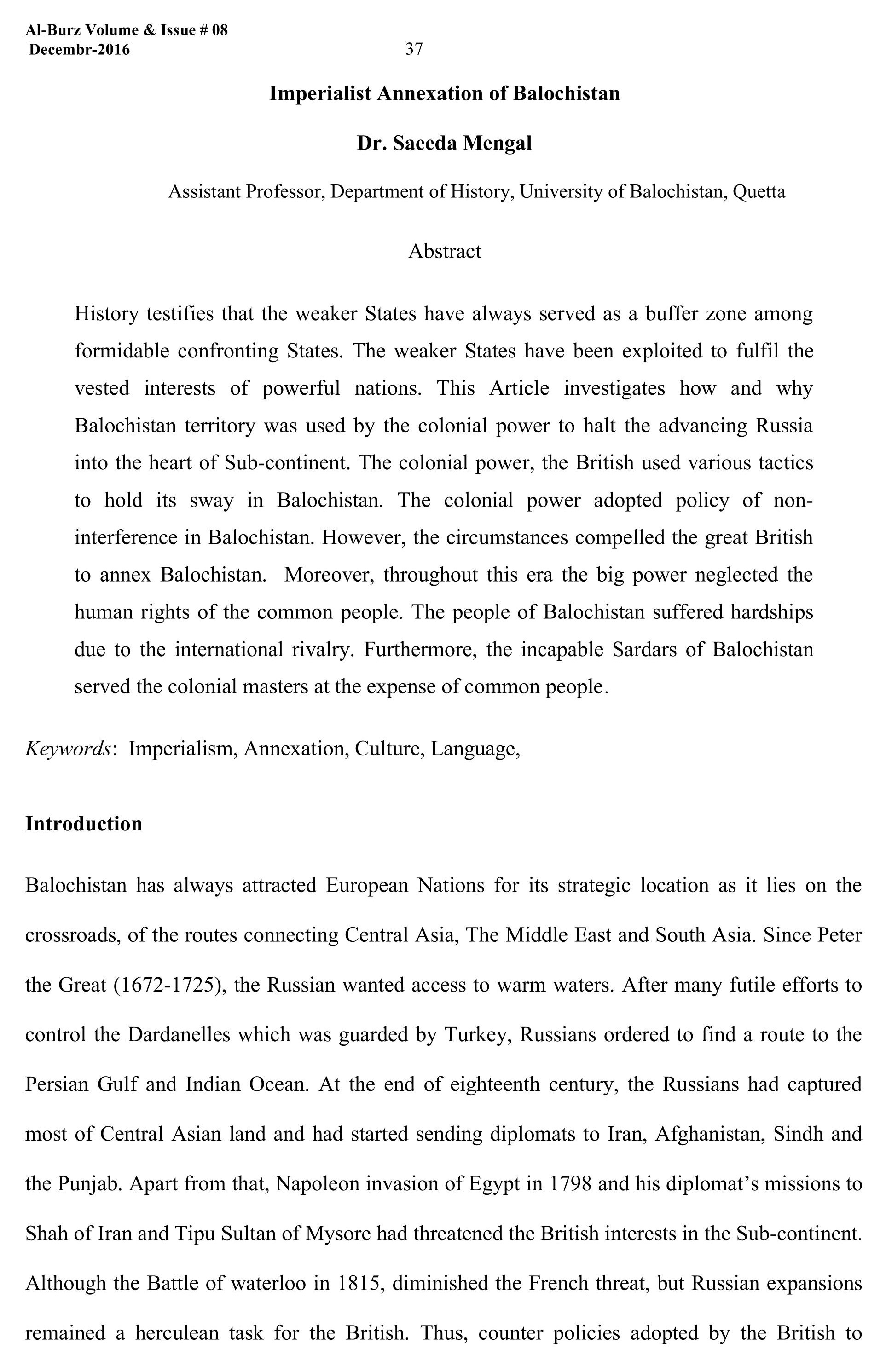 Imperialist Annexation of Balochistan