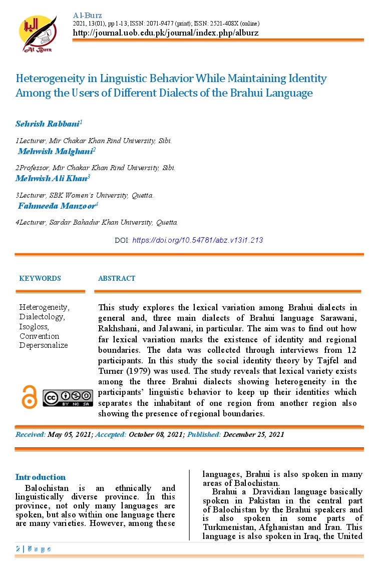 Heterogeneity in Linguistic Behavior While Maintaining Identity Among the Users of Different Dialects of the Brahui Language