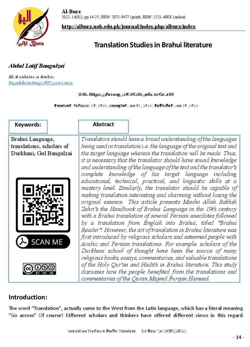Translation Studies in Brahui literature