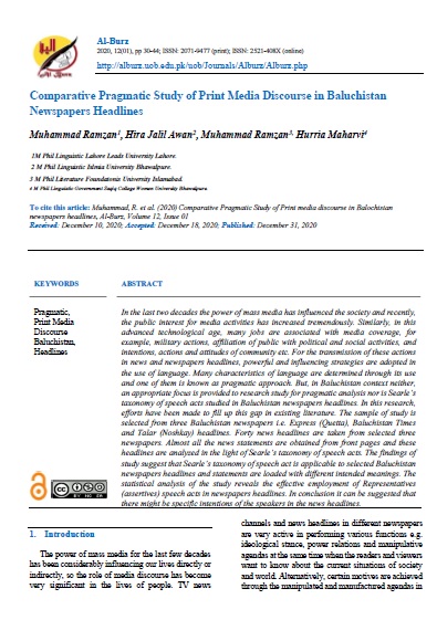 Comparative Pragmatic Study of Print Media Discourse in Baluchistan Newspapers Headlines 