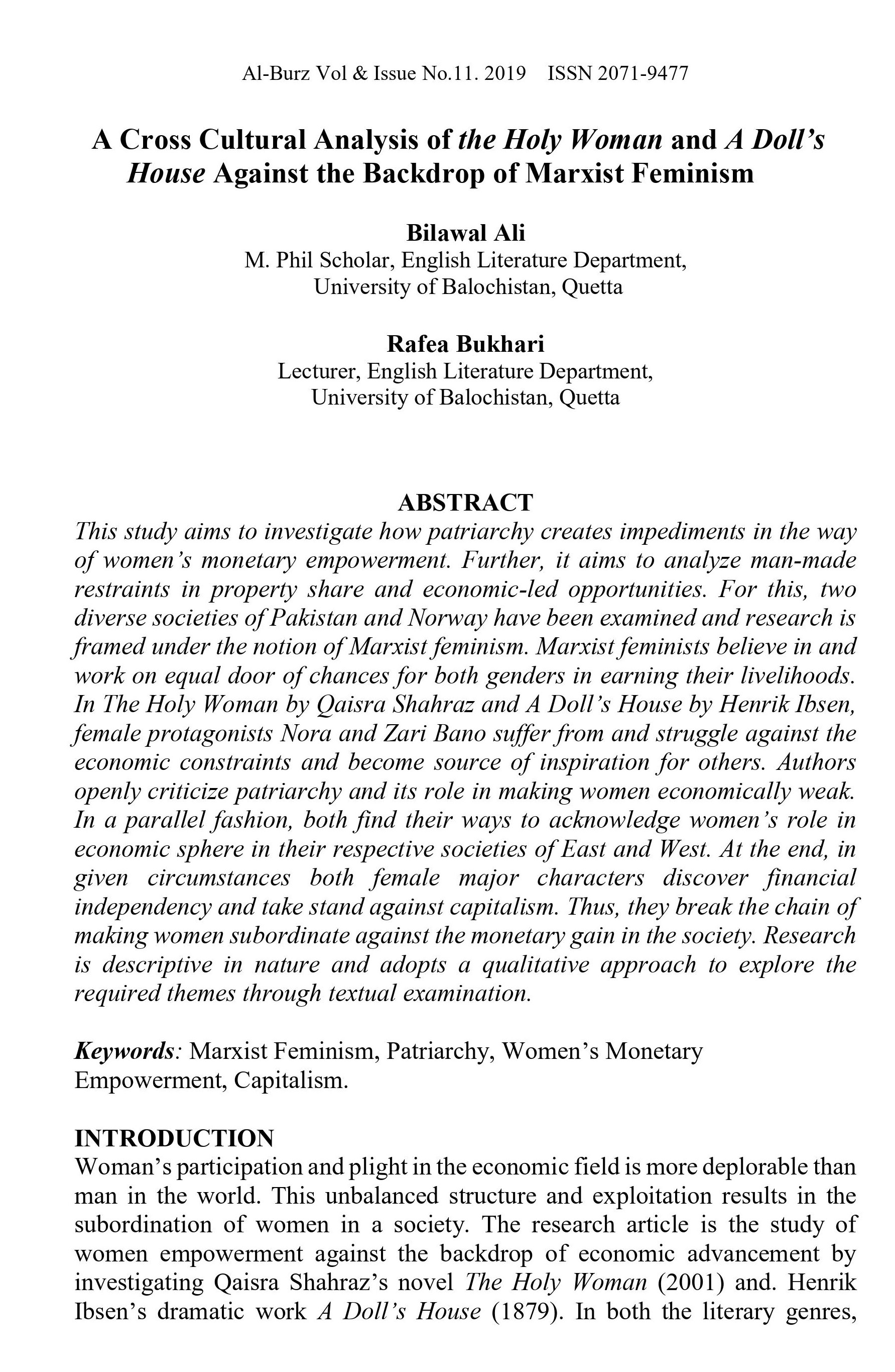 Cross Cultural Analysis of The Holy Woman And A Doll’s House Against The Backdrop Of Marxist Feminism	