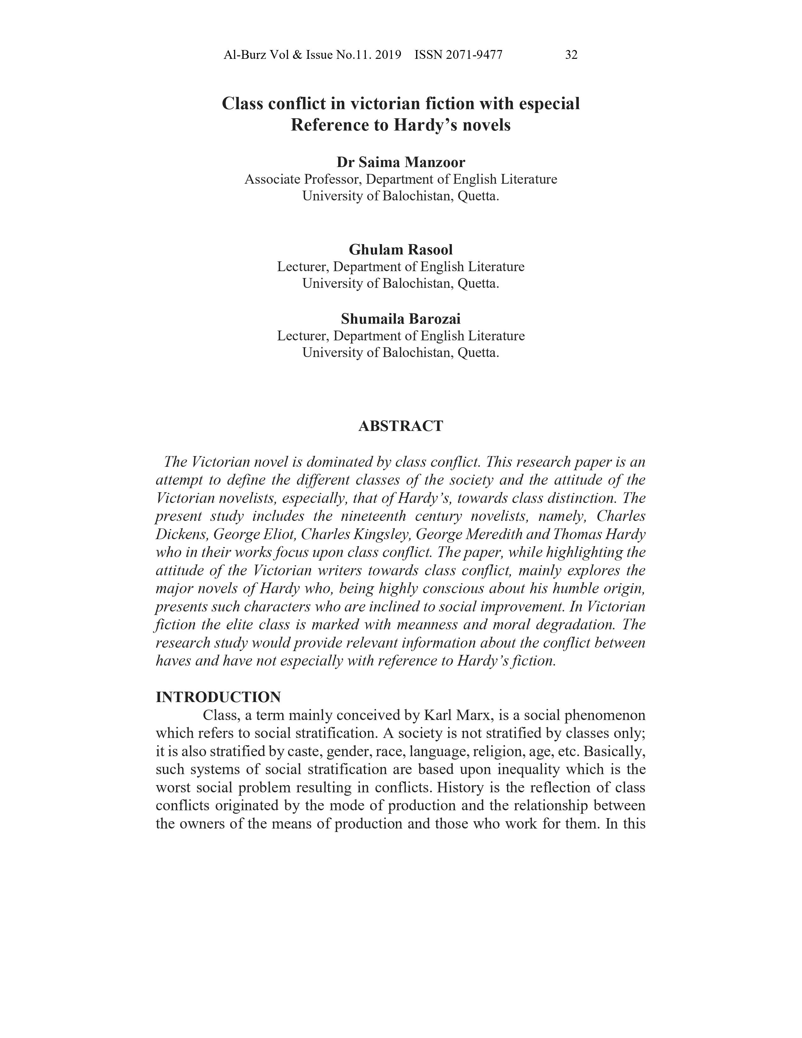 Class conflict in Victorian fiction with especial Reference to Hardy’s novels