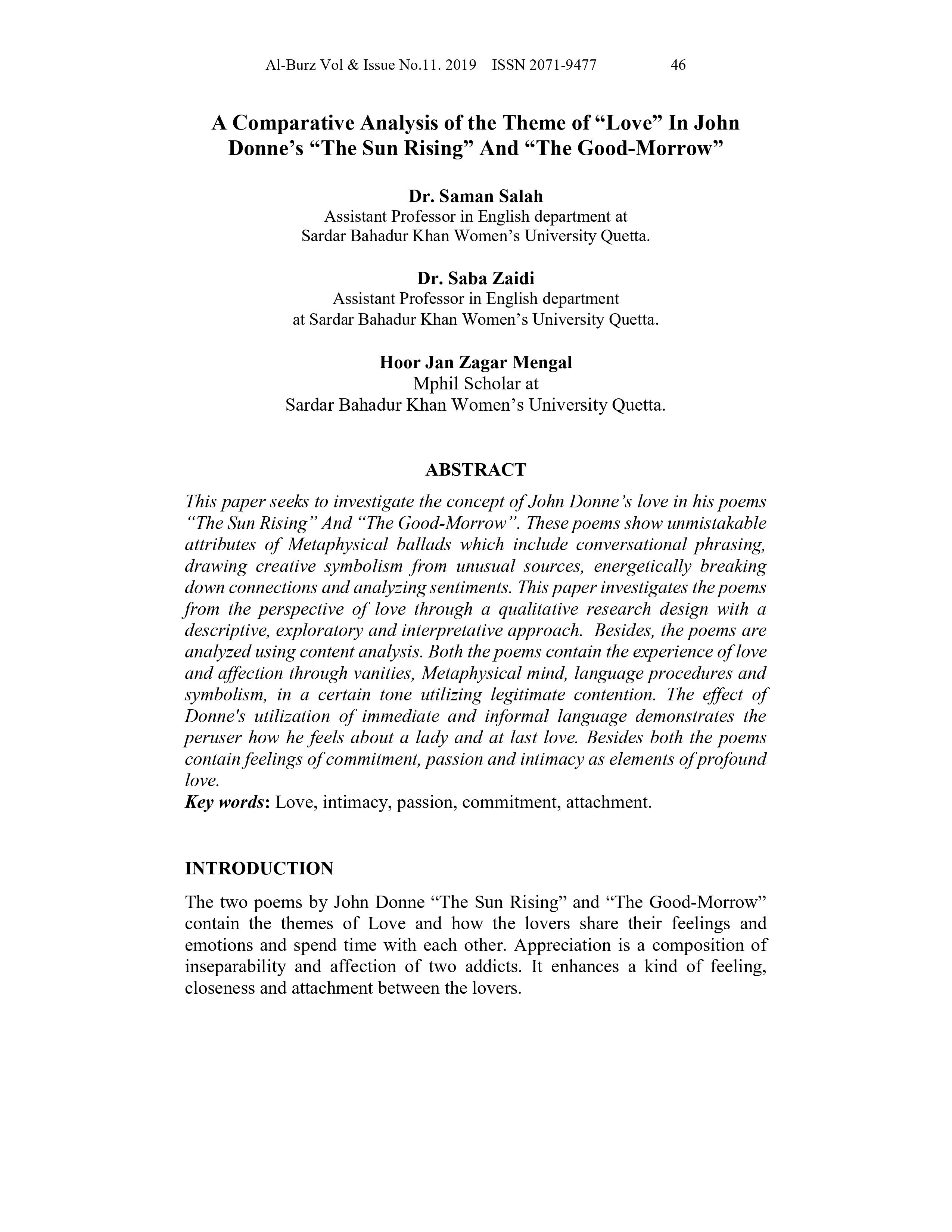  Comparative Analysis of the Theme of “Love” In John Donne’s “The Sun Rising” And “The Good-Morrow”